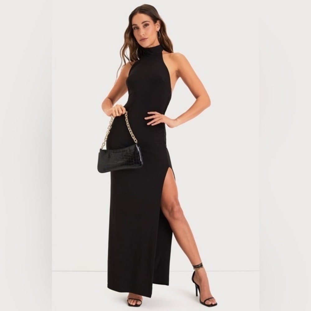 LULU’S FLAWLESS EXPRESSION MOCK NECK HALTER MAXI DRESS
